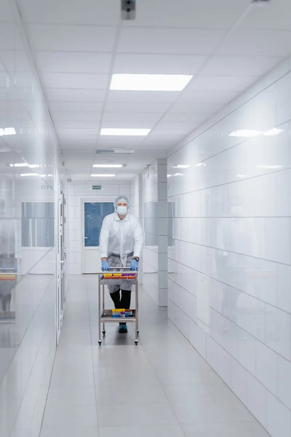Gowned operator moving a cart of samples along a sterile pharmaceutical cleanroom corridor